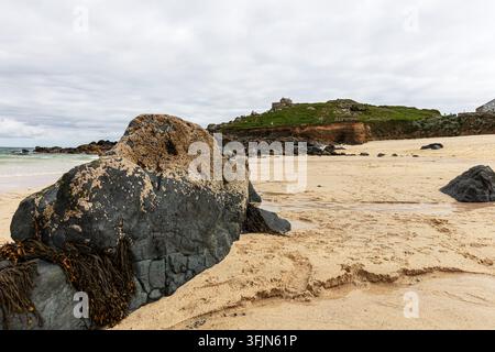 Grand rocher recouvert d'algues sur le rivage sablonneux de Porthmeor Beach, St Ives, Cornouailles, Angleterre, avec des falaises côtières abruptes et un ciel couvert Banque D'Images