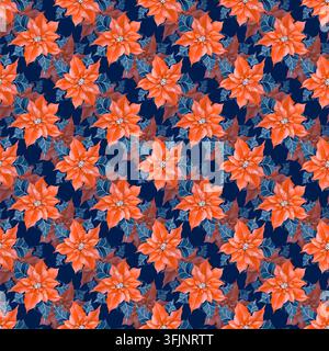 Motif diagonal sans joint en aquarelle avec des fleurs de poinsettia rouges et des feuilles bleu foncé sur un fond bleu. Pour la conception textile de Noël Banque D'Images