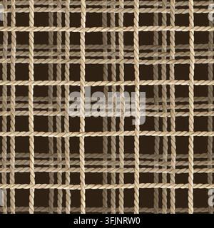 Motif sans couture aquarellé avec une grille faite de cordes torsadées. Ornement en jute à carreaux nautiques sur fond sombre pour textiles à thème marin, été Banque D'Images