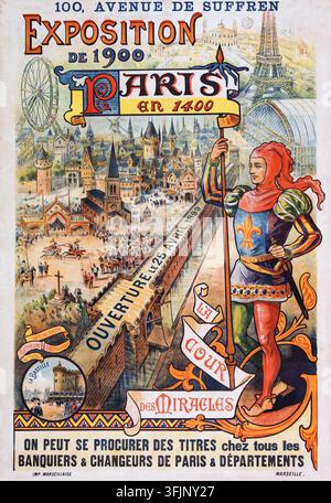 Cette affiche publicitaire de 1899 fait la promotion de l'"Exposition de 1900 Paris en 1400" organisée au 100, Avenue de Suffren, ouverte le 25 avril 1899. L'illustration met en scène un chevalier médiéval au premier plan, avec une représentation fantaisiste d'un paysage urbain parisien médiéval en arrière-plan, intégrant des éléments modernes comme la Tour Eiffel et une grande roue de l'Exposition Universelle. Banque D'Images