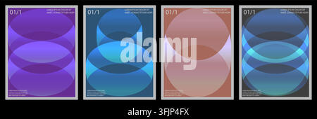 Une collection de quatre affiches verticales présentant des formes circulaires superposées avec des dégradés fluides, une typographie minimaliste et une esthétique contemporaine Illustration de Vecteur