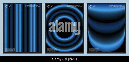Trois designs de posters verticaux présentent des dégradés bleus abstraits frappants sur un fond noir, complétés par une typographie élégante et des motifs géométriques Illustration de Vecteur