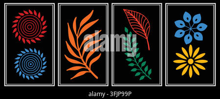 Ensembles d'affiches botaniques néon abstraites. feuilles colorées vives, soleils en spirale, cadre sombre. pour une décoration murale bohème moderne, impressions de galerie d'art. art vectoriel plat. Illustration de Vecteur