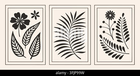 Ensembles d'art minimaliste pour affiches botaniques noires. feuilles de fougère schématisées simples, fleurs tropicales. pour des décorations murales de pièces modernes de style boho. graphismes vectoriels plats. Illustration de Vecteur