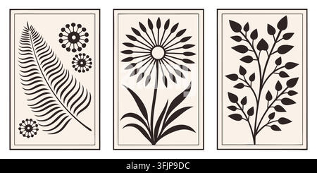 Posters d'art mural botanique minimal bohème. feuilles de fougère noires, fleur de pissenlit sur beige. pour une décoration intérieure moderne. ensembles d'impressions vectorielles abstraites élégantes. Illustration de Vecteur