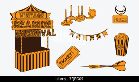 Ensemble d'icônes vintage de carnaval et de foire maritime. cabine de billets, jeu de cerceau, popcorn, fléchettes. pour les flyers de festivals d'été. art graphique vectoriel rétro plat. Illustration de Vecteur
