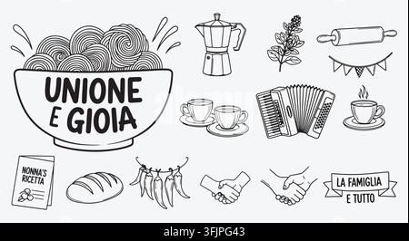 Aliments traditionnels italiens et éléments familiaux. Bols à spaghetti, pots moka, pain, accordéon. Pour des modèles de menus rustiques. Illustration vectorielle dessinée à la main. Illustration de Vecteur