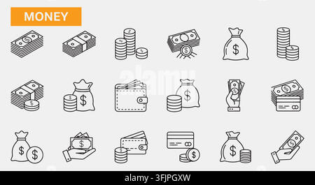 Icônes de contour de banque financière. piles de billets linéaires, pièces de monnaie, portefeuille en cuir, cartes de crédit. pour les applications d'investissement numérique. graphique vectoriel en trait. Illustration de Vecteur