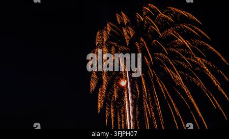 Vue de feux d'artifice dorés explosant dans le ciel nocturne au-dessus de Paradise, Pennsylvanie, États-Unis. Banque D'Images