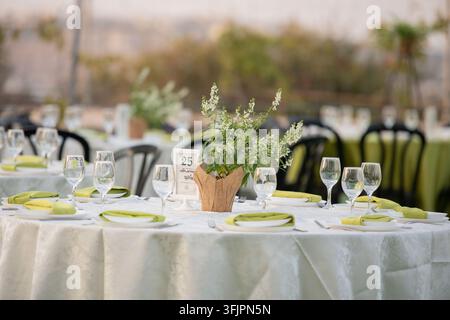 Table d'extérieur pour mariage avec centres de table verts sous les arbres Banque D'Images