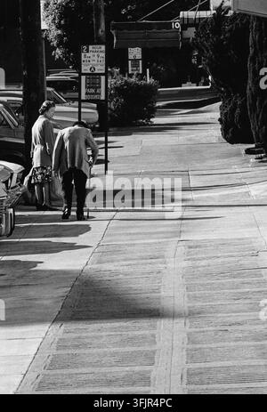 Capturée en 1982, cette scène représente une rue de San Francisco avec deux hommes âgés marchant le long du trottoir. Les hommes, dont l’un utilise une canne pour s’appuyer, passent devant des panneaux de stationnement et des arbres matures bordant la rue résidentielle. Ce quartier offre un aperçu de la vie quotidienne de la ville et de ses habitants. San Francisco, Comté de San Francisco, Californie, États-Unis Banque D'Images