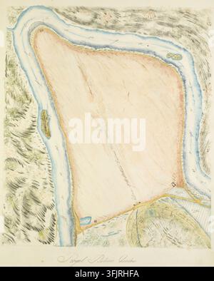 Dessin représentant la carte du Royal Botanic Garden Peradeniya page 2, par Harmanis de Alwis Seneviratne (1792-1894), de la collection des dessins cingalais, daté de 1828. Une carte dessinée à la main montrant une grande zone centrale irrégulière rose pâle entourée par une rivière sinueuse bleu clair avec de petites îles jaune-brun, des terres texturées vert-gris au-delà de la rivière et des bords ombragés brun clair et vert. Peinture à l'aquarelle, 48,5 cm x 34,5 cm, papier. LC : 'Royal Botanic Garden'. Banque D'Images