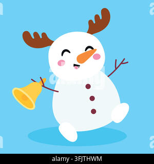 Mignon bonhomme de neige de Noël avec bois de renne sonnant une cloche, illustration vectorielle dessinée à la main, élément hivernal isolé sur fond bleu Illustration de Vecteur