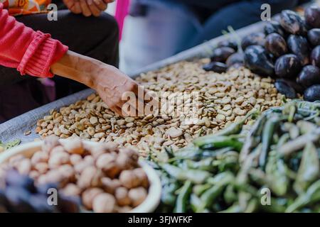 Tri manuel de fèves de marais séchées au marché de Cholula Banque D'Images