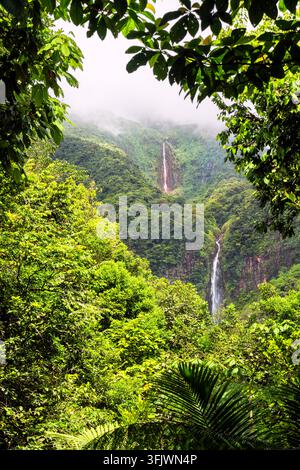 Vue panoramique des chutes du Carbet dévalant des montagnes luxuriantes et vertes à Basse-Terre, Parc national de la Guadeloupe, Caraïbes françaises Banque D'Images