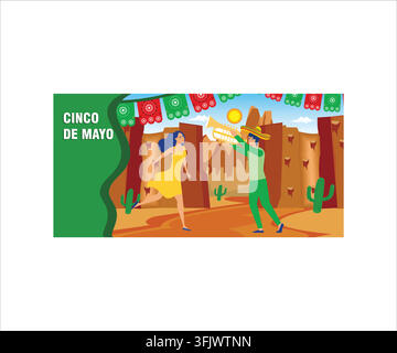 Fête mexicaine du Cinco de mayo avec des danseuses et des musiciens mariachi. Animée par des performances de musique flamenco et des hommes latinos jouant de la trompette Illustration de Vecteur