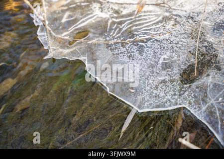 Grossissement de glace transparente avec texture de bulles sur un ruisseau en fin d'hiver Banque D'Images