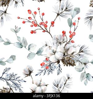 Un motif floral en aquarelle d'hiver sans couture mettant en vedette du coton, des branches d'eucalyptus, du pin, des baies Banque D'Images