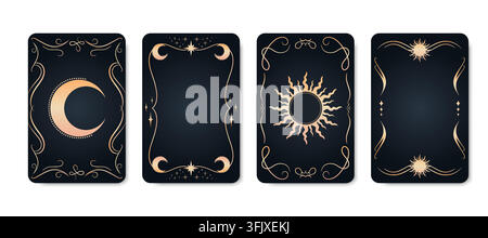 Cadres et couvertures de cartes de tarot dorés avec croissant de lune et soleil. Cartes de tarot ésotériques avec cadres calligraphiques. Illustration vectorielle Illustration de Vecteur