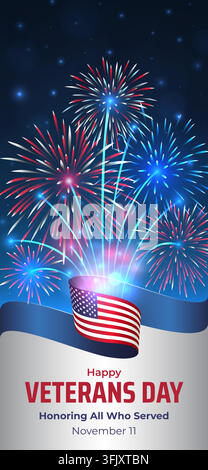 Bannière joyeuse pour le Veterans Day. Jour férié américain le 11 novembre. Veterans Day le 11 novembre. Drapeau américain sur fond de ciel bleu, feux d'artifice Illustration de Vecteur