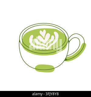 Tasse de thé matcha latte avec mousse en forme de cœur dans un art linéaire vert, concept de boisson japonaise, illustration vectorielle dessinée à la main. Illustration de Vecteur