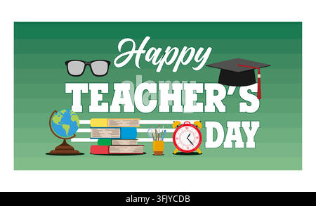 Joyeux jour des enseignants avec fournitures scolaires pour affiches, brochures, bannières et cartes de vœux. Illustration moderne vectorielle plate Illustration de Vecteur
