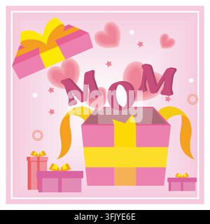 Coffret cadeau avec ballons en forme de cœur. Célébrez le joyeux jour de la mère. Illustration vectorielle plate. Illustration de Vecteur
