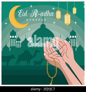 Eid al adha Ramadan avec des mains en prière, mosquée, lanternes de chameau et moutons. Illustration moderne vectorielle plate Illustration de Vecteur