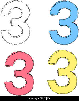 3 ballon numéro trois Icône isolée illustration dessinée à la main. Art graphique vectoriel en ligne d'encre. Bannière, affiche, papier cadeau, autocollant, impression, texte moderne Illustration de Vecteur