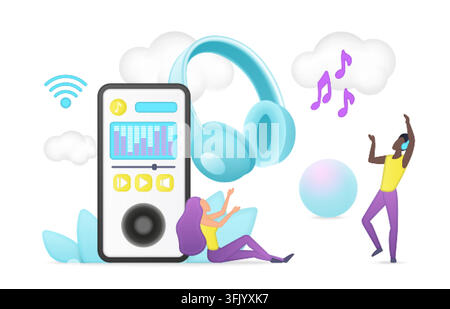 Concept de streaming musical mobile avec lecteur smartphone, casques, signal WiFi, audio en nuage et des personnes dansant qui profitent de chansons en ligne, isolé sur fond blanc illustration vectorielle Illustration de Vecteur