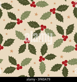 Motif floral Noël sans fin dessiné à la main avec baie de houx et étoiles pour tissu saisonnier, fond, papier cadeau, emballage Illustration de Vecteur