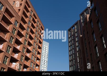 Prise de vue en contre-plongée mettant en valeur BelRise, un complexe d'appartements neuf et frappant illustrant le logement urbain moderne à Camden, Londres. Banque D'Images