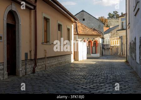 Une rue historique étroite à Eger, Hongrie, bordée de bâtiments traditionnels, de toits carrelés, de fenêtres en arc et de murs érodés. Une lumière chaude illumine Banque D'Images