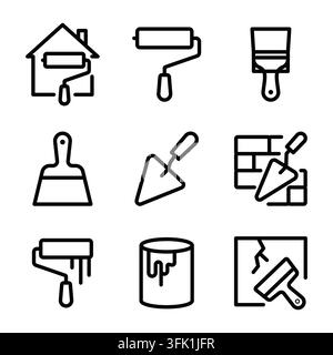 Outils de bricolage : rouleau de peinture, pinceau, truelle, brique, icônes de réparation murale. Trait modifiable Illustration de Vecteur