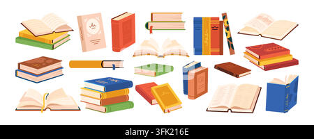 Livre scolaire. Cahier d'études ouvert, pile de bibliothèque ou journal tenu à la main, pile de dictionnaires. Couverture de manuel papier, page d'éducation. Symbole de connaissance. Assortiment d'encyclopédie. Objet isolé de dessin animé vectoriel Illustration de Vecteur