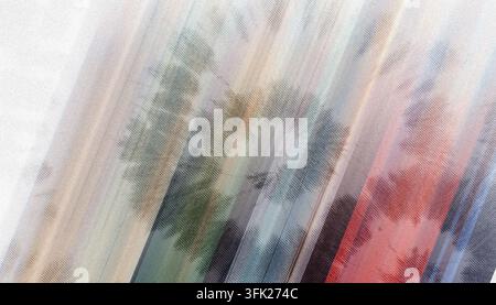 Un gros plan d'un tissu texturé présentant un mélange de tons bleus, rouges et neutres avec des rayures diagonales et des motifs circulaires doux. Banque D'Images