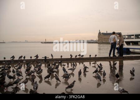 Un jeune couple se tient ensemble sur le front de mer à Kadıköy, Istanbul, Turquie, le 16 septembre 2026, entouré de pigeons sur une promenade mouillée. Banque D'Images