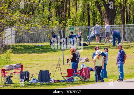 Arkansas, États-Unis, 08 avr. 2024 – Des groupes d’amis se prélassent dans des chaises pliantes et s’assoient sur l’herbe à l’ombre des arbres feuillus verts un Banque D'Images
