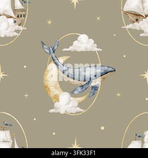 Motif sans couture aquarellé avec baleine et bateau à voile sur fond beige. Répétition bébé océan avec croissant de lune et voilier dans les nuages pour tissu Banque D'Images