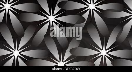 Design abstrait monochrome présentant des motifs de fleurs en forme d'étoiles blanches sur un fond sombre texturé. Banque D'Images