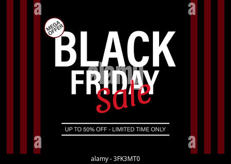 Bannière vectorielle pour promotion Black Friday avec rayures rouges et noires, typographie grande et audacieuse et offre de réduction de 50 % pour campagne marketing Illustration de Vecteur