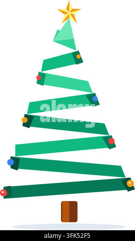 Illustration vectorielle plate moderne d'un sapin de Noël stylisé avec des couches géométriques vertes, des ornements colorés et une étoile dorée sur un Illustration de Vecteur