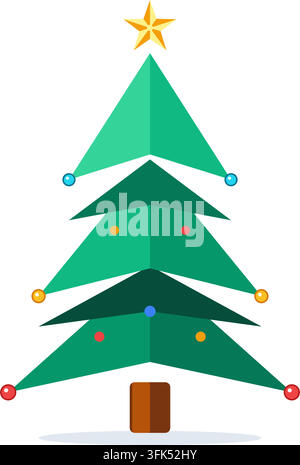 Illustration vectorielle isométrique d'un sapin de Noël décoré avec une étoile et des ornements sur fond blanc Illustration de Vecteur