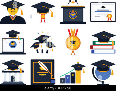 Ensemble de douze icônes vectorielles plates représentant l'obtention du diplôme, l'éducation et la réussite académique sur fond blanc Illustration de Vecteur