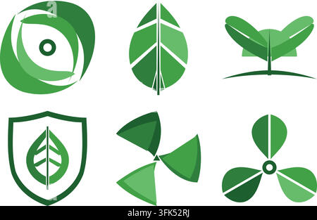 Ensemble de six icônes vectorielles vertes représentant des feuilles, des plantes et des symboles de la nature pour un branding éco-responsable Illustration de Vecteur