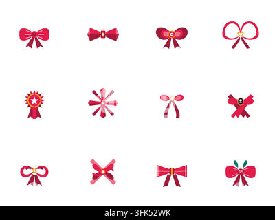 Ensemble de douze icônes de nœuds papillon rouges en vectoriel et badges de ruban isolés sur fond blanc Illustration de Vecteur