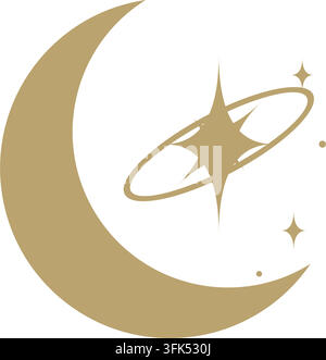 Icône vectorielle de lune croissante dorée et de planète avec étoiles, symbole islamique, Ramadan, Eid, ciel nocturne, céleste, design plat, fond blanc Illustration de Vecteur