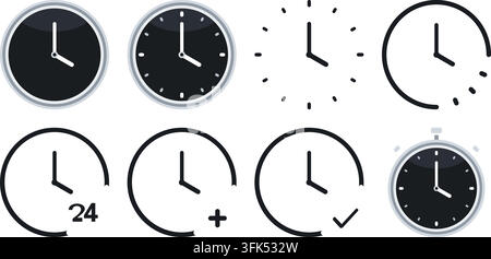 Ensemble d'icônes d'horloge noir et blanc, chronomètre et symboles d'heure, illustration vectorielle pour la conception numérique Illustration de Vecteur