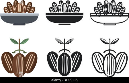 Ensemble d'icônes vectorielles de cabosses de cacao et bol, design plat, art linéaire et styles de silhouettes, isolés sur fond blanc Illustration de Vecteur