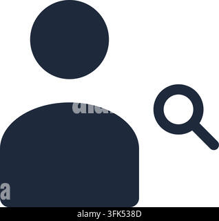 Icône vectorielle bleu foncé d'un profil utilisateur avec une loupe pour la recherche, isolée sur fond blanc Illustration de Vecteur